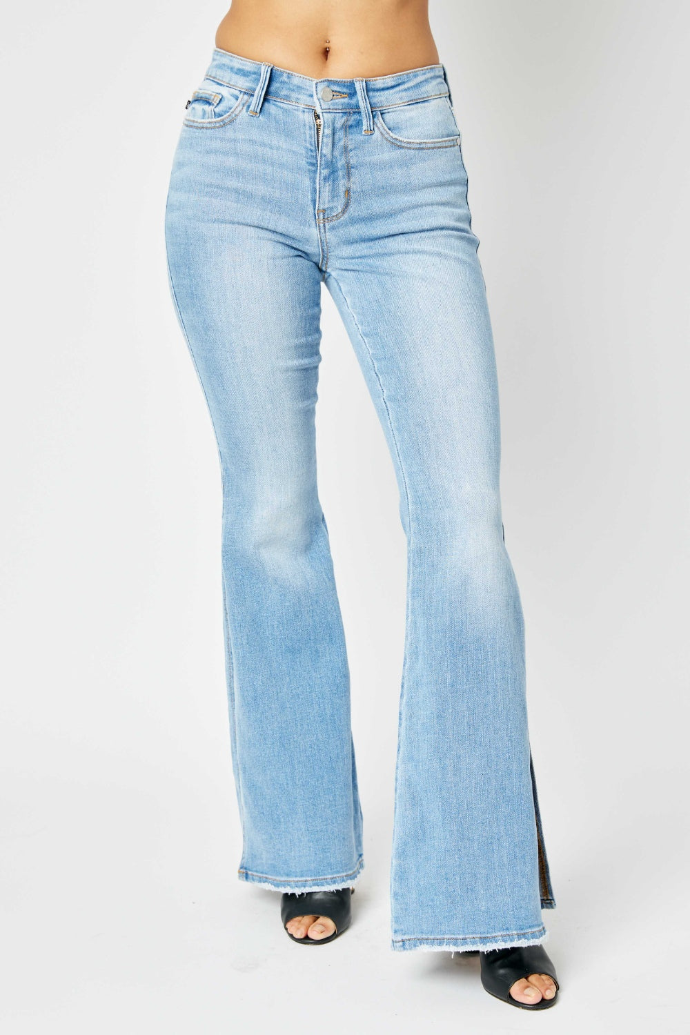 Judy Blue Mid Rise Raw Hem Slit Flare Jeans (also available in plus size)