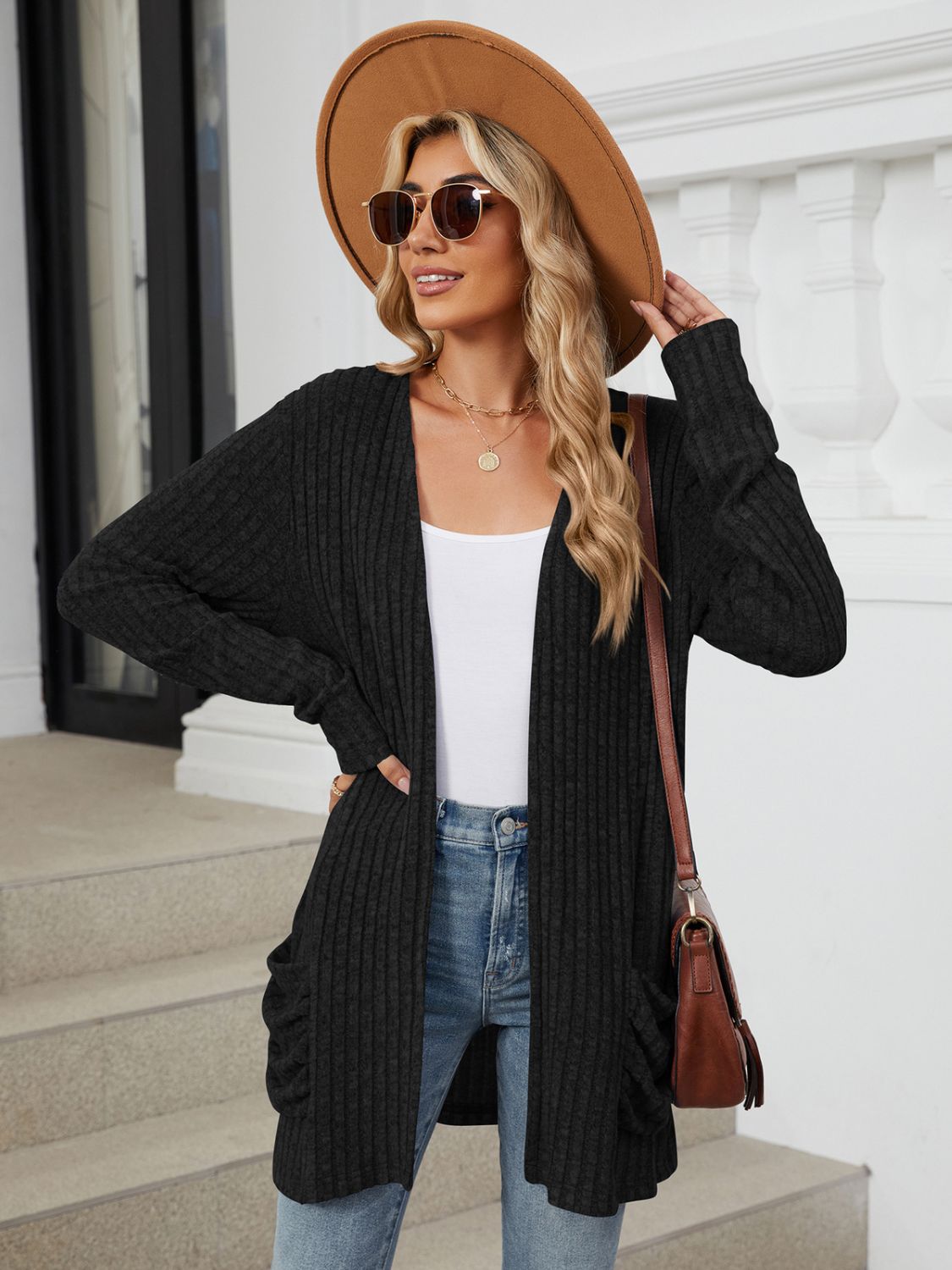 Pocketed Open Front Long Sleeve Cardigan