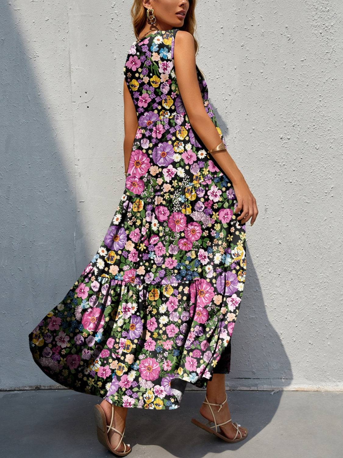 Tiered Printed V-Neck Sleeveless Dress