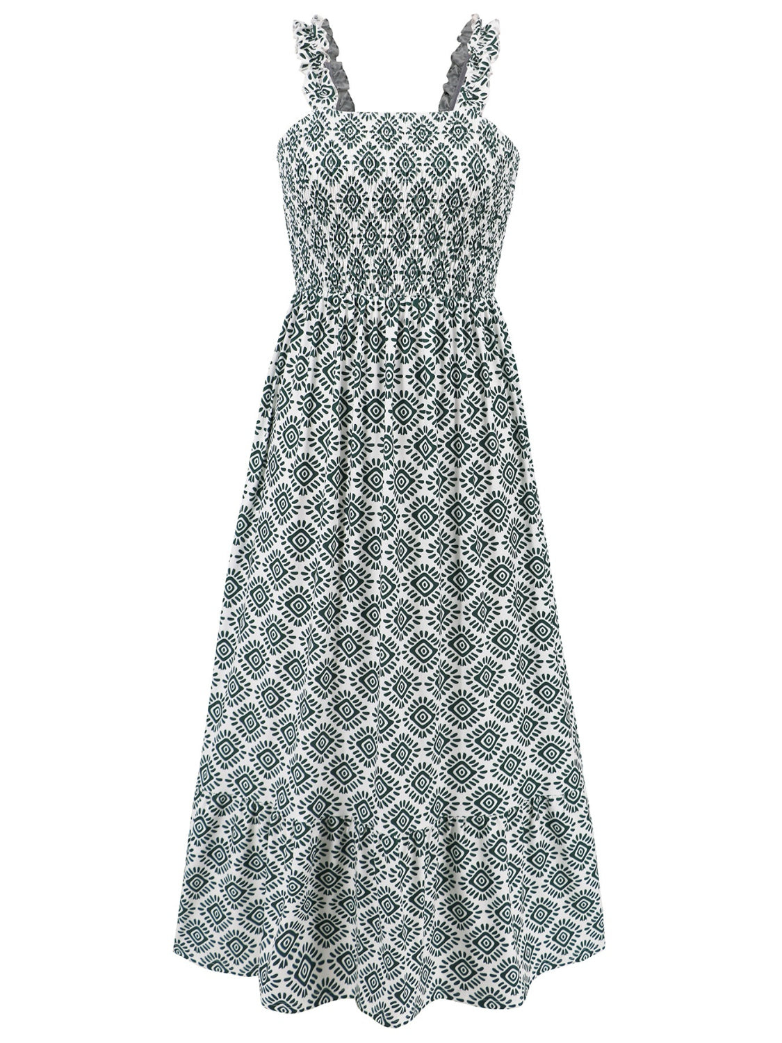 Smocked Printed Square Neck Sleeveless Dress