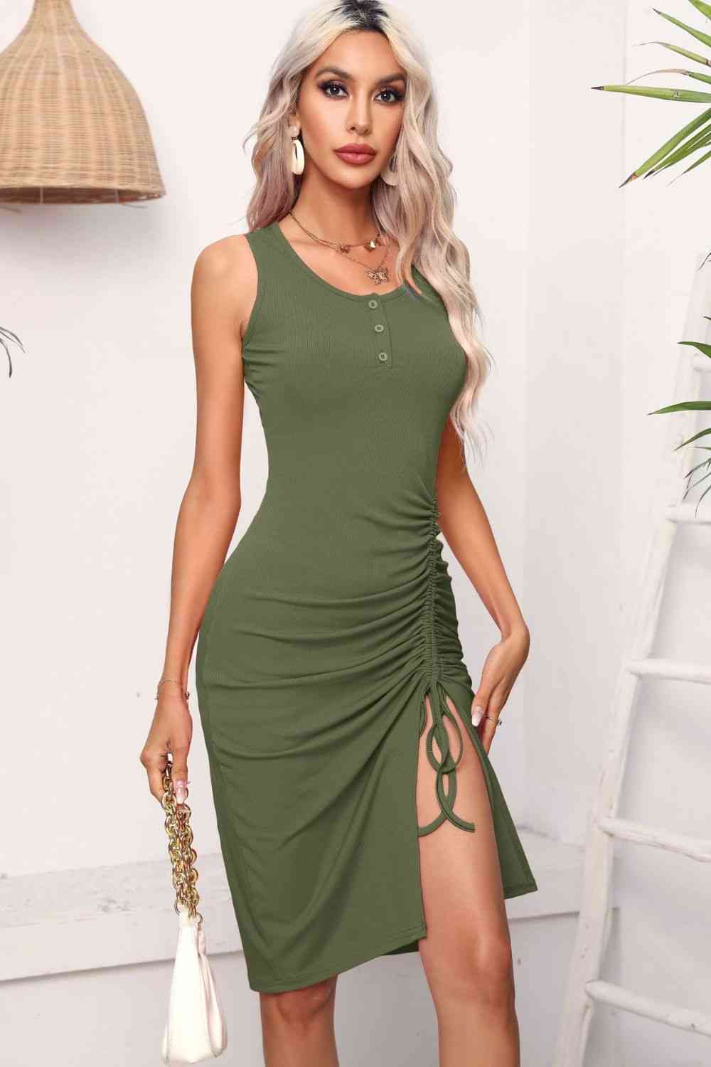 Drawstring Ruched Slit Sleeveless Dress