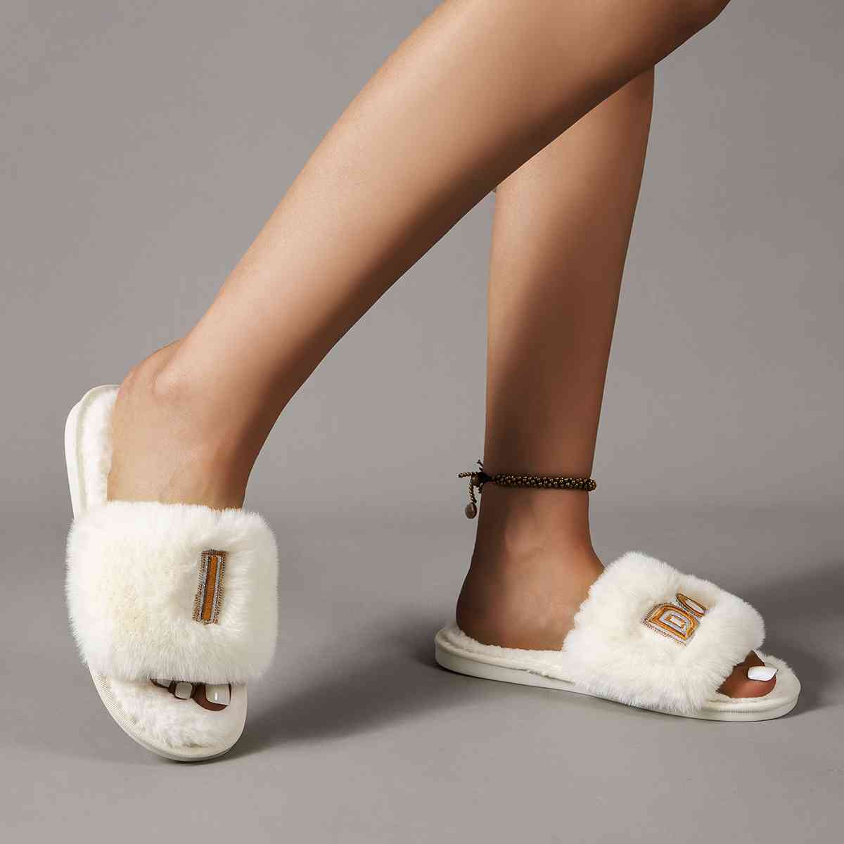 Faux Fur Open Toe Slippers