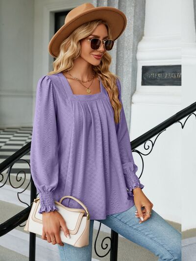 Ruched Square Neck Lantern Sleeve Blouse