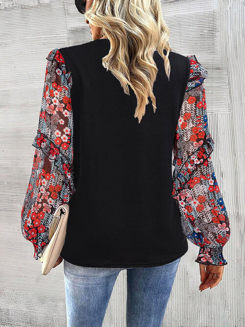 Round Neck Contrasting Color Printed Lantern Sleeve Top