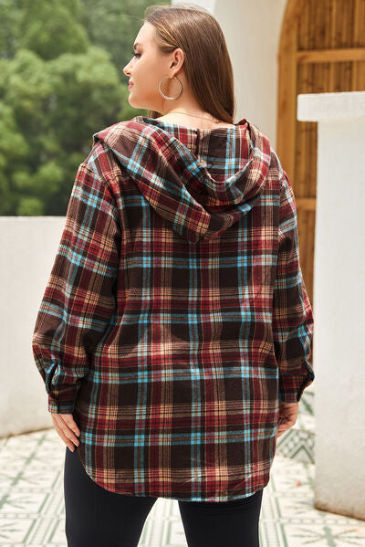 Plus Size Drawstring Plaid Quarter Button Hoodie