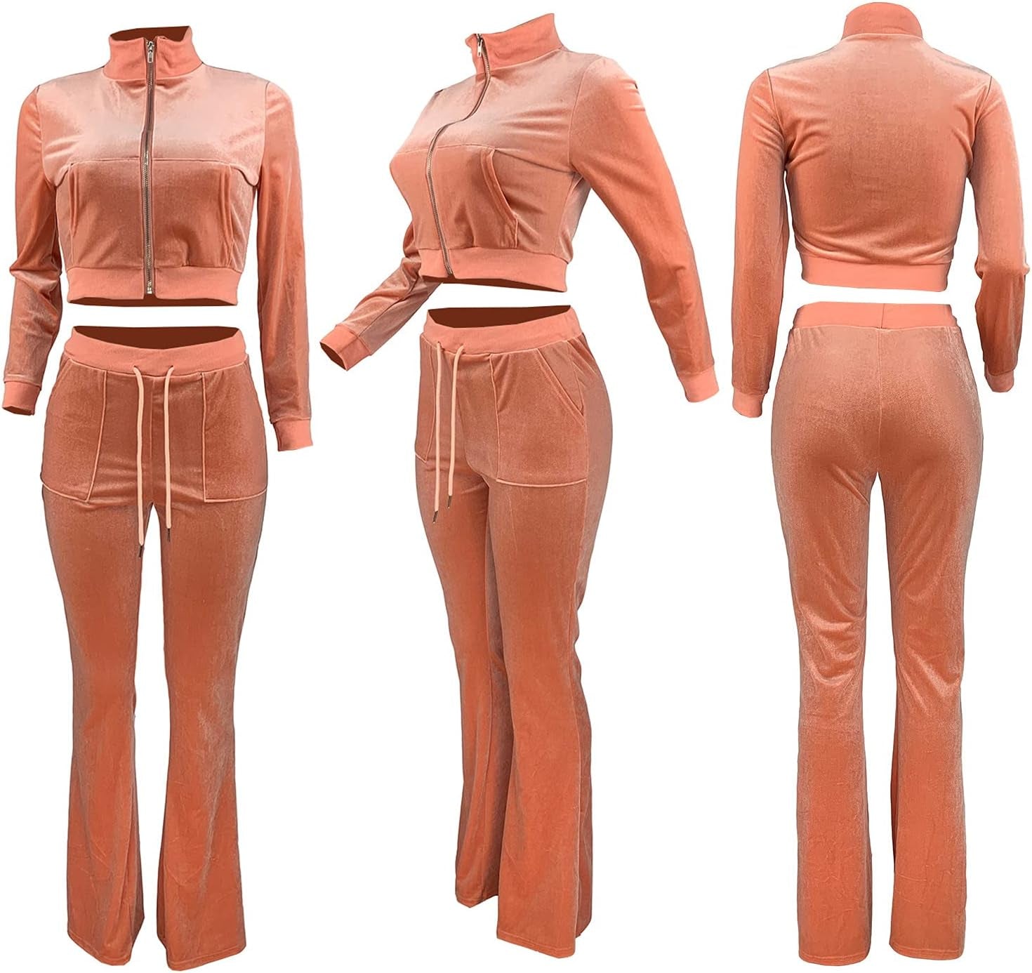 Women'S 2 Piece Outfits Velvet Sweatsuits Zip-Up Jacket Casual Jogger Tracksuit Set with Pockets