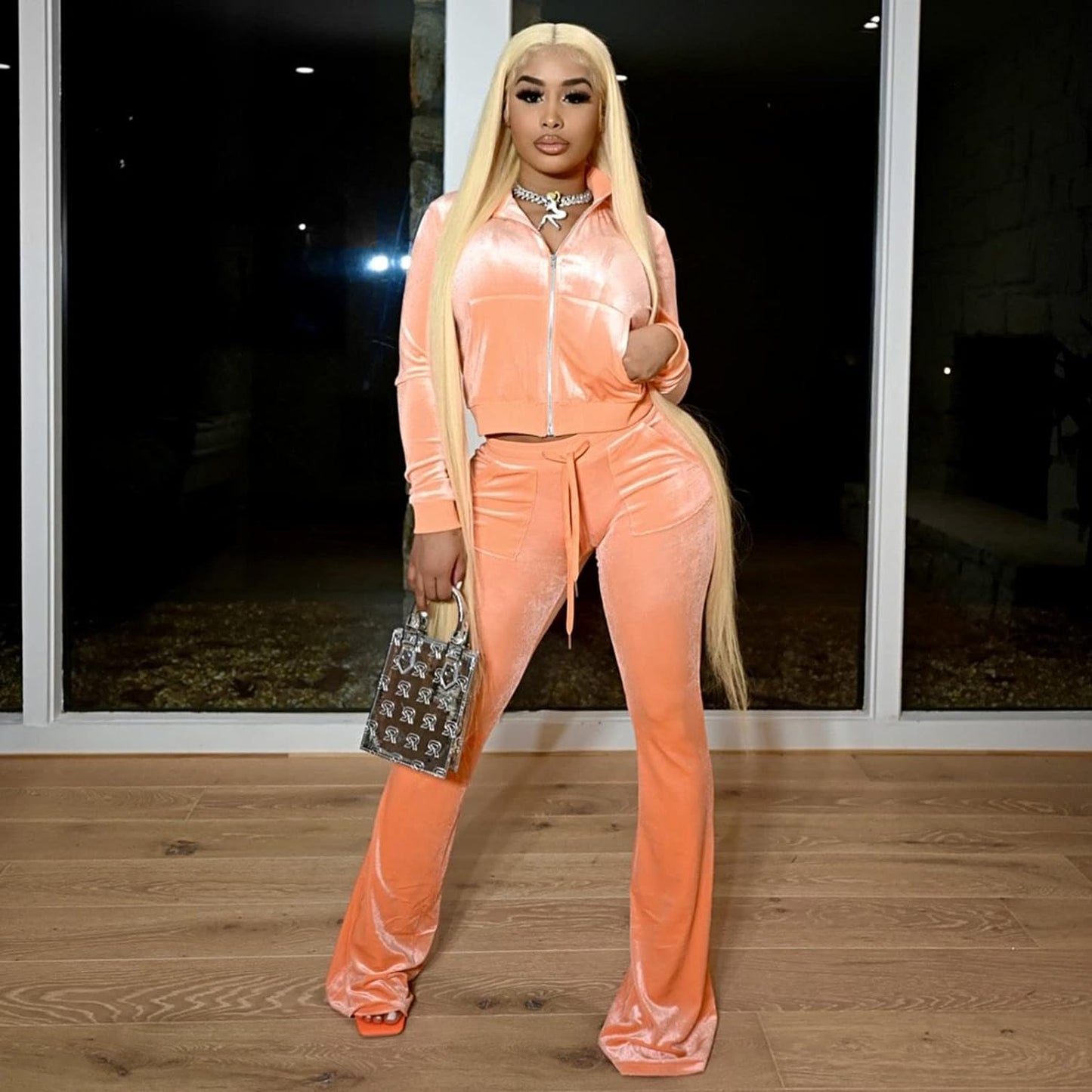 Women'S 2 Piece Outfits Velvet Sweatsuits Zip-Up Jacket Casual Jogger Tracksuit Set with Pockets