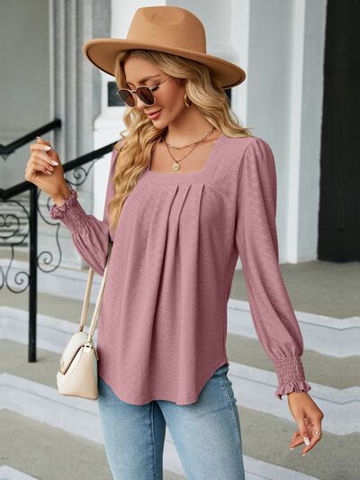 Ruched Square Neck Lantern Sleeve Blouse