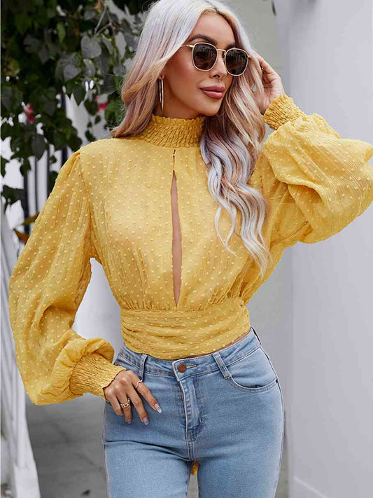 Swiss Dot Cutout Smocked Mock Neck Blouse