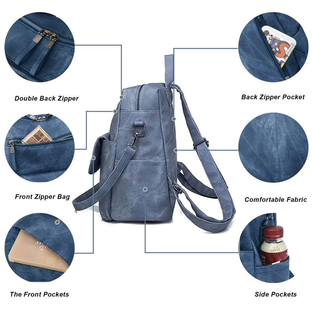 PU Leather Purse Backpack for Women, Travel Handbag Backpack Purse Shoulder Bags Blue