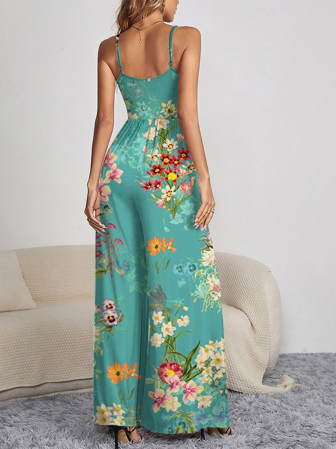 Decorative Button Spaghetti Strap Wide Leg Jumpsuit