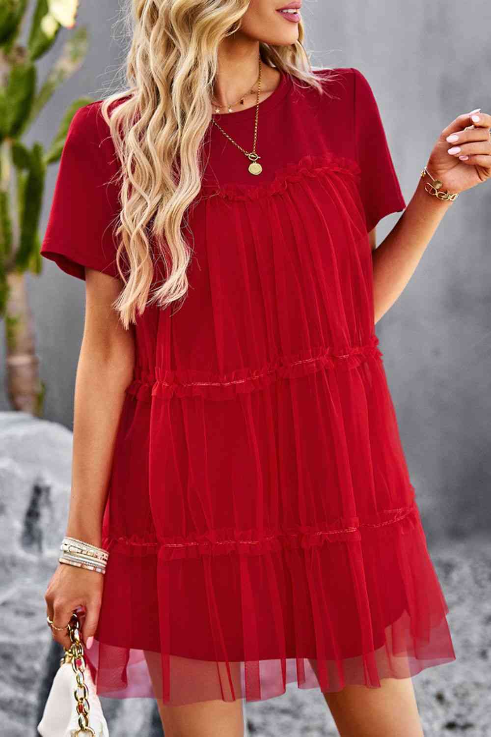 Frill Trim Spliced Mesh Mini Dress