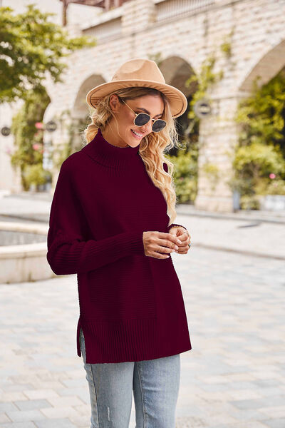 Ribbed Turtleneck Long Sleeve Slit Sweater