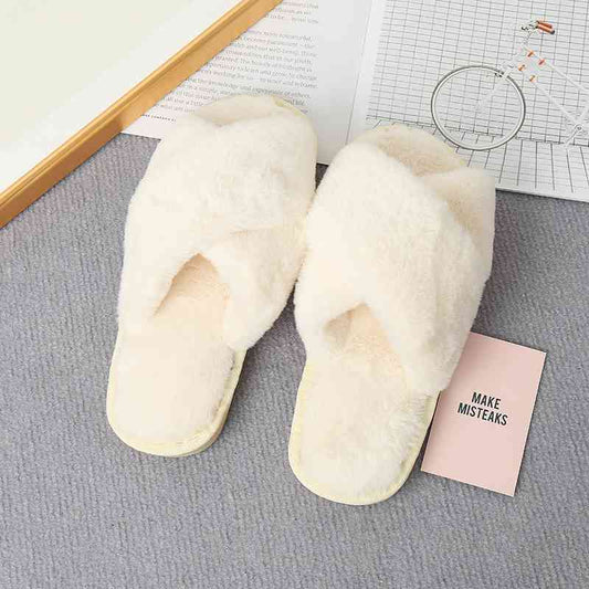 Faux Fur Crisscross Strap Slippers