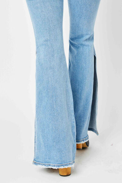 Judy Blue Mid Rise Raw Hem Slit Flare Jeans (also available in plus size)