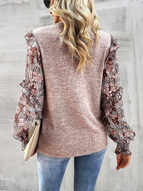 Round Neck Contrasting Color Printed Lantern Sleeve Top