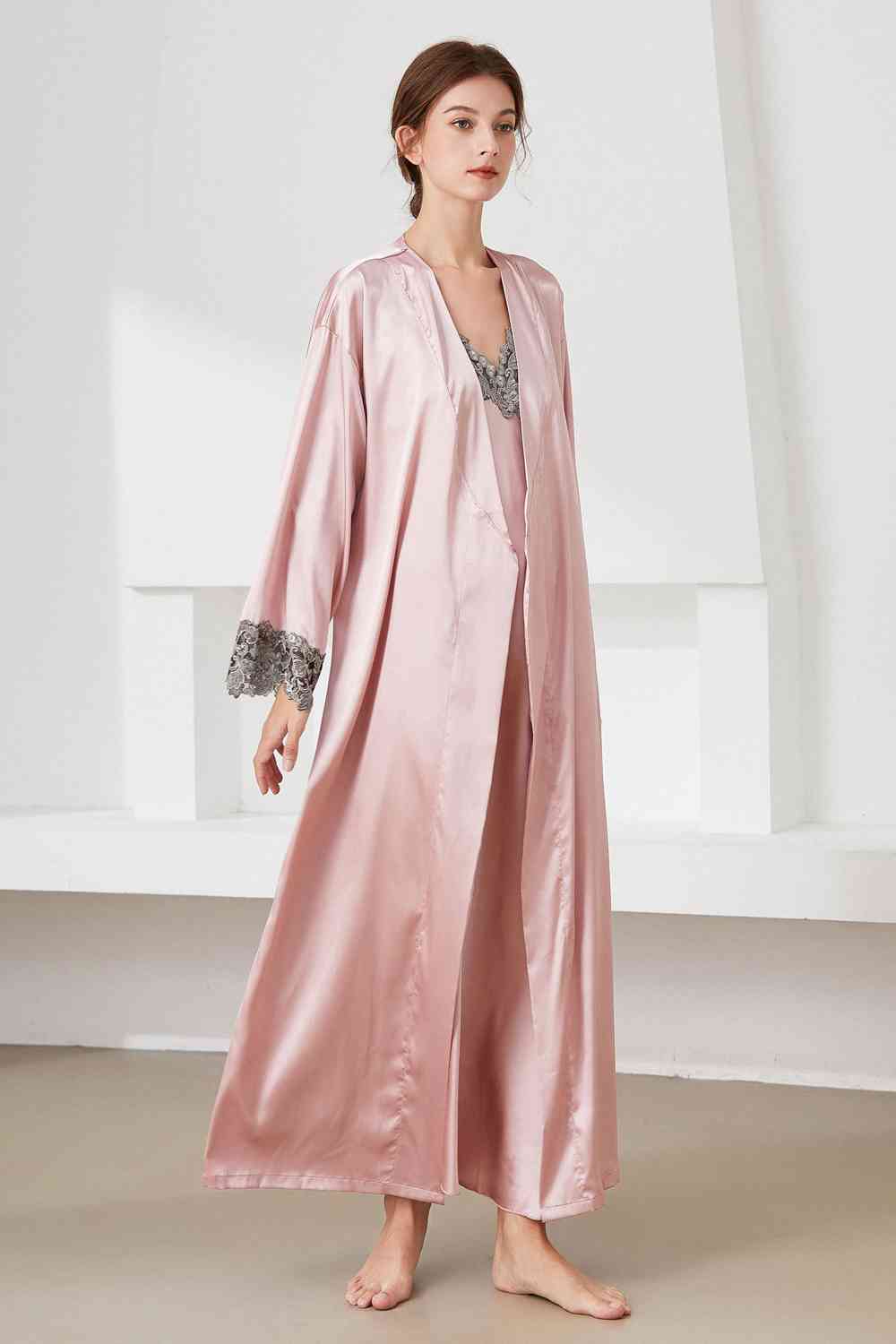 Contrast Lace Trim Satin Night Dress and Robe Set