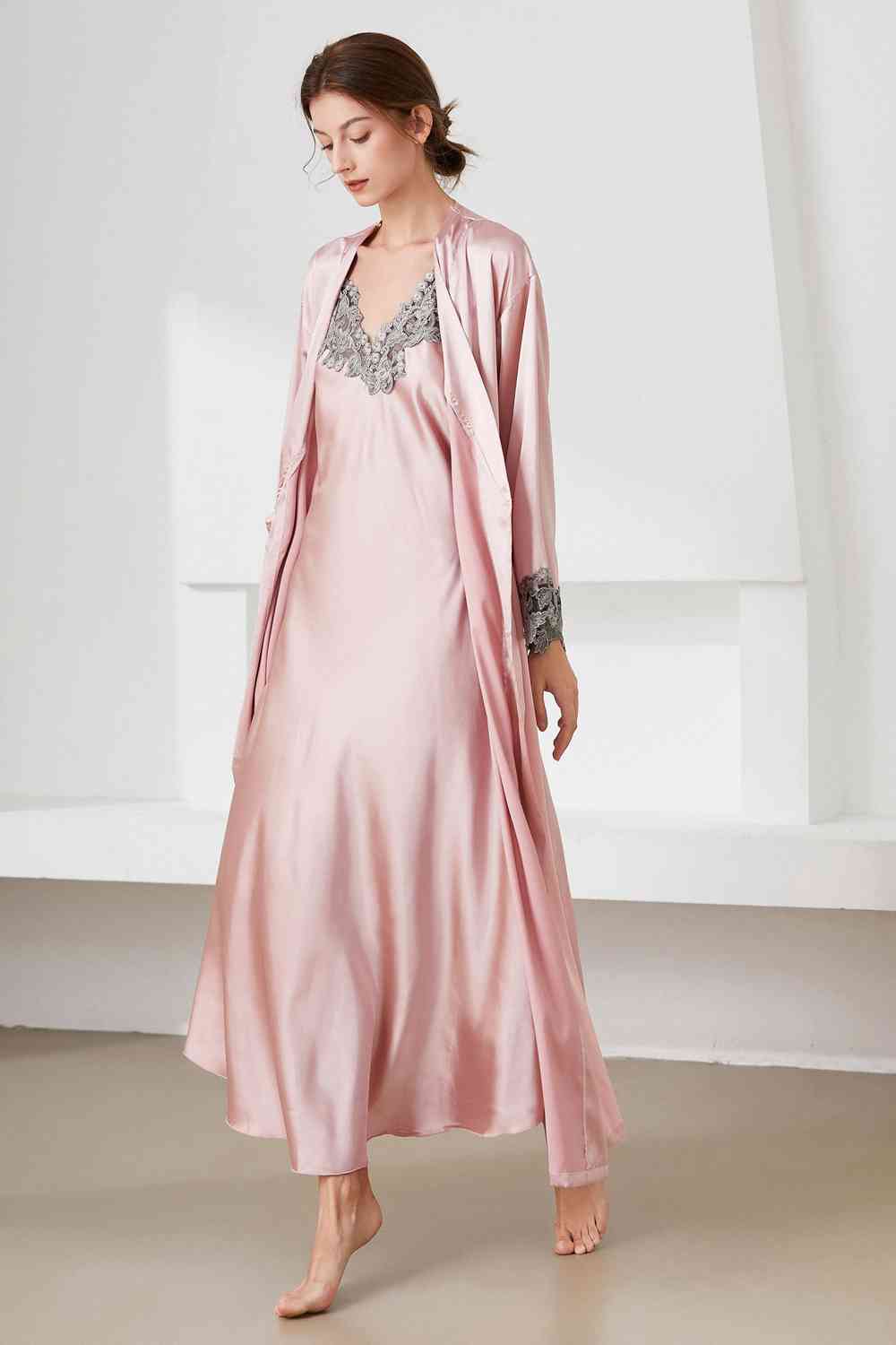 Contrast Lace Trim Satin Night Dress and Robe Set