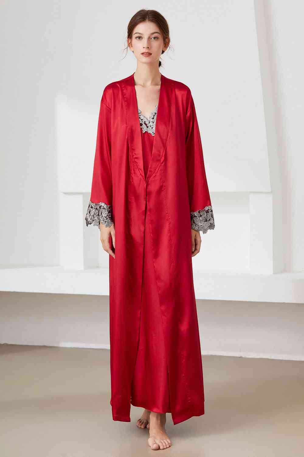 Contrast Lace Trim Satin Night Dress and Robe Set