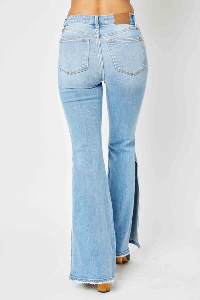 Judy Blue Mid Rise Raw Hem Slit Flare Jeans (also available in plus size)