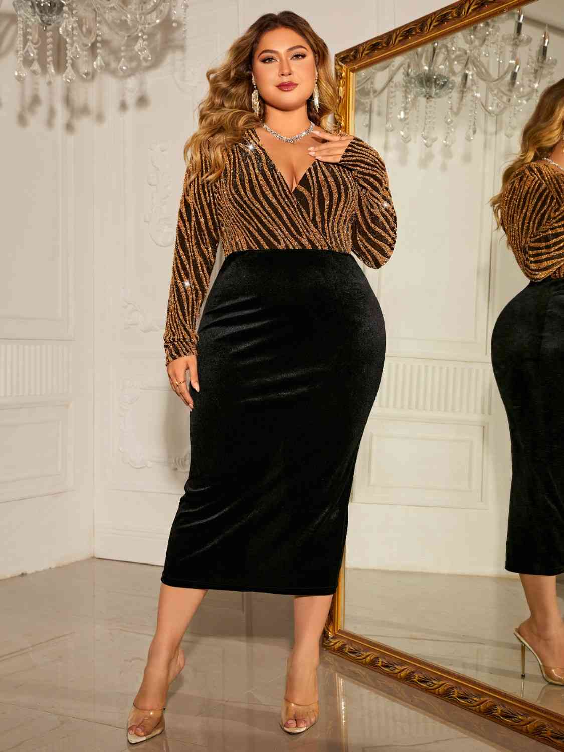 Plus Size Surplice Neck Long Sleeve Slit Dress