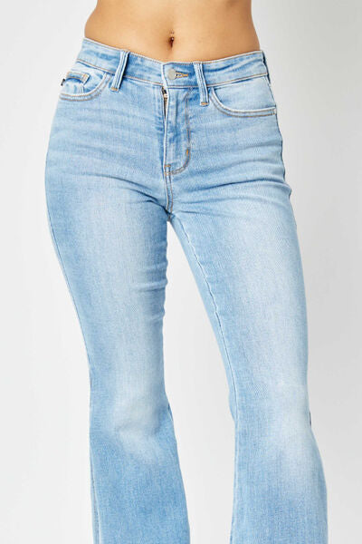 Judy Blue Mid Rise Raw Hem Slit Flare Jeans (also available in plus size)