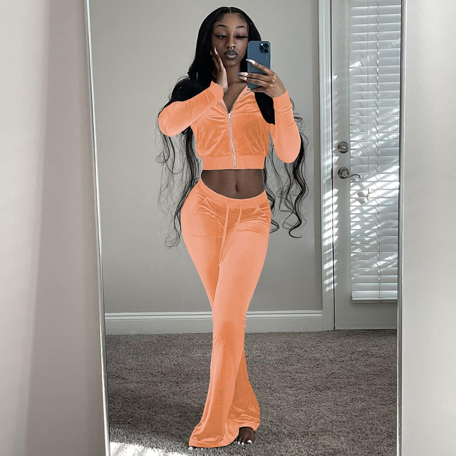 Women'S 2 Piece Outfits Velvet Sweatsuits Zip-Up Jacket Casual Jogger Tracksuit Set with Pockets